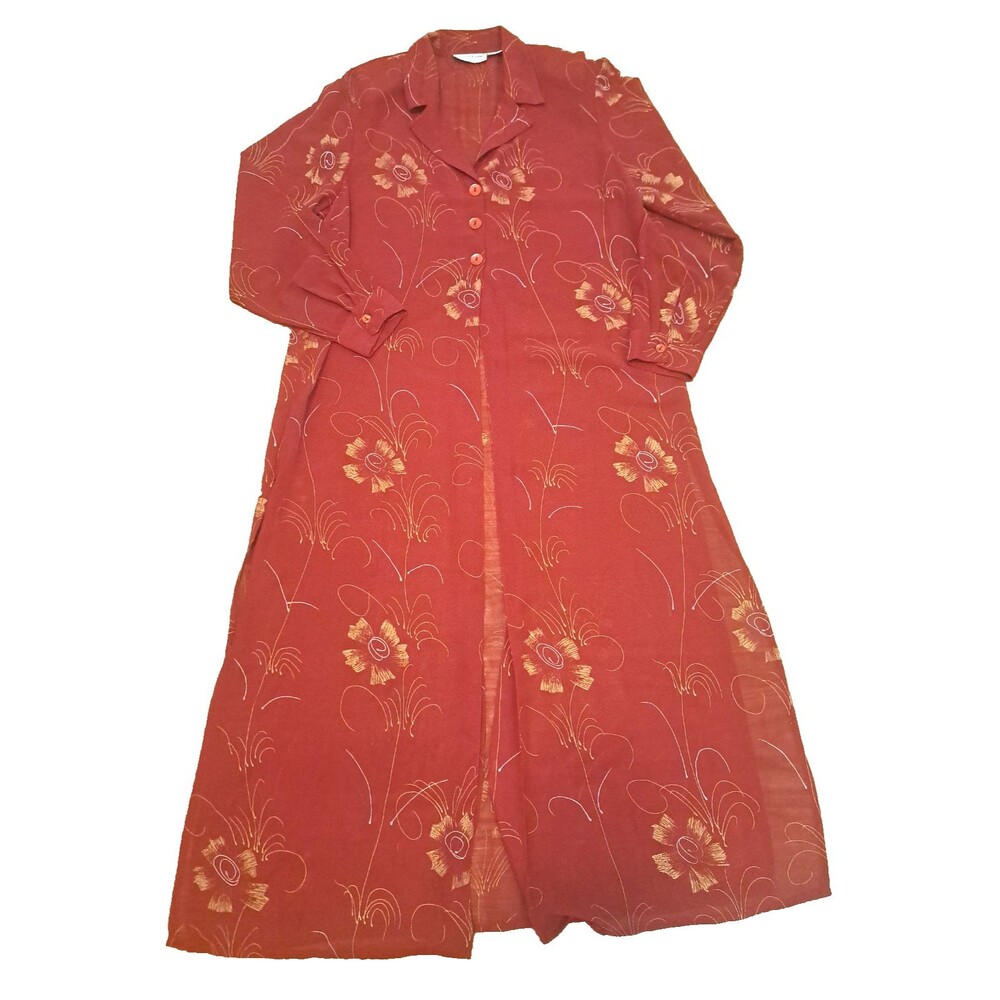 Vintage Duster Cardigan Sheer Red Gold Floral 1980s Whimsigoth Steampunk XL